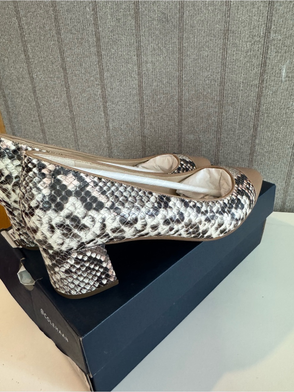 Cole Haan Snake-Print Block Heel Pumps with Taupe Cap Toe - Picture 5 of 6